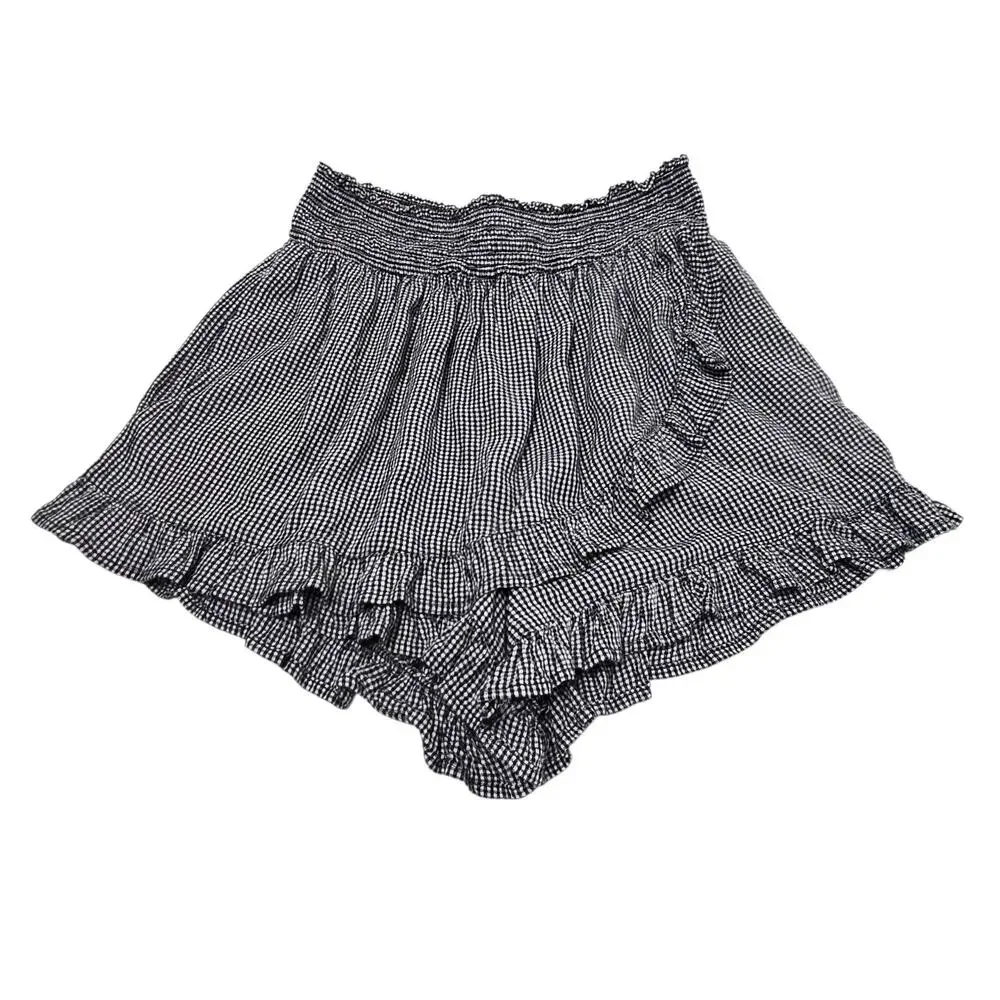 Japna Smocked Shorts Small B &W Gingham Pattern Ruffle Trim